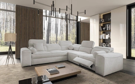 Ecksofa mit Schlaffunktion Viano III Lux grau Esche rechts modernes Ecksofa mit ausziehbarem Fußteil Container für Bettzeug