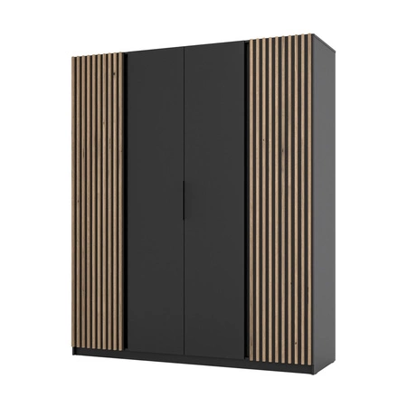 Kleiderschrank Kastano XI 200 cm schwarz modernes Design Kleiderschranktür verziert mit Eiche evoke Lamellen stilvolle Kante Griffe