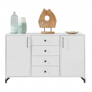 Kommode mit Schubladen Skien 140 cm weiß glänzend elegantes Design einfache Form der Möbel mit stilvollen Metall-Elemente bereichert schwarze Beine