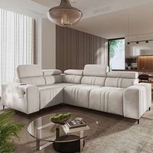 Ecksofa mit Schlaffunktion Castel II beige links komfortables Ecksofa mit verstellbaren Kopfstützen Container für Bettzeug