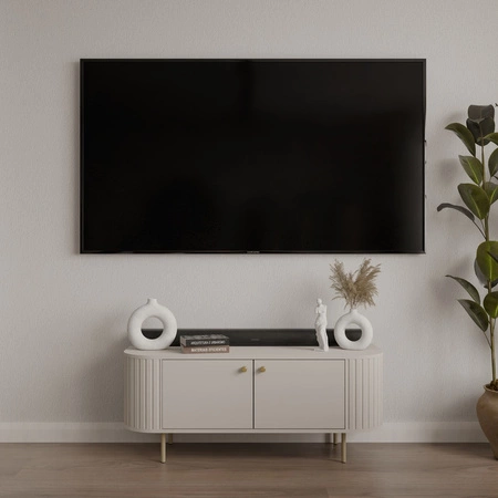 TV Schrank Ovalio 123 cm beige stilvoller TV-Schrank einzigartige ovale Form dekorative Fräsen Metallbasis