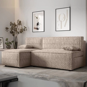 Ecksofa mit Schlaffunktion Brandon beige linke Seite weicher Stoff mit charakteristischer Schlingenoberfläche Bettzeugbehälter