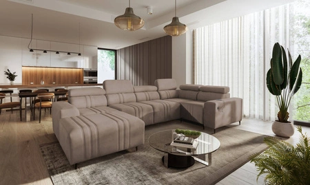 Ecksofa mit Schlaffunktion Castel IV hellbraun linksseitig stilvolles Ecksofa mit Bettzeugcontainer und verstellbaren Kopfstützen