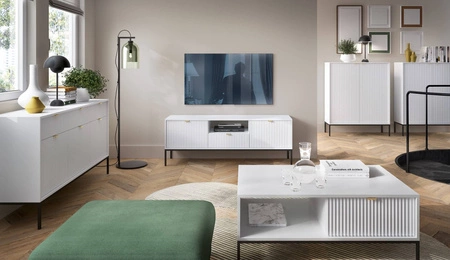 Couchtisch Lovro Weiß mit Schubladen Modernes Design oberflächenbeständiger Tisch gegen verschüttete Flüssigkeiten