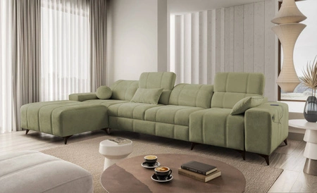 Ecksofa mit Schlaffunktion Penejos XII olivgrün links stilvolles Ecksofa mit Bettzeugcontainern komfortable verstellbare Kopfstützen