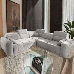 Ecksofa mit Schlaffunktion Cetara III Esche grau ergonomisches Ecksofa für Rechtshänder mit verschiebbarer Rückenlehne und verstellbaren Kopfstützen