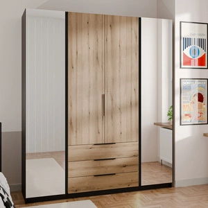 Kleiderschrank mit Spiegel Kastano II 200 cm schwarz / Eiche evozieren klassische Form Rand Griffe ideal Kleiderschrank für Schlafzimmer geräumige Schubladen