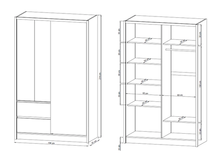 Schiebeschrank Cento 134 cm weiß / Eiche sonoma modernes Design Kleiderschrank ideal für Schlafzimmer Kleiderschrank oder Flur