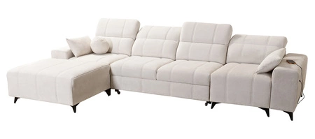 Ecksofa mit Schlaffunktion Penejos XII lachsfarbe links stilvolles Ecksofa mit Bettzeugcontainern komfortable verstellbare Kopfstützen