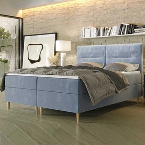 Boxspringbett Voltera 160x200 hellblau moderner skandinavischer Stil mit charakteristischem Kopfteil