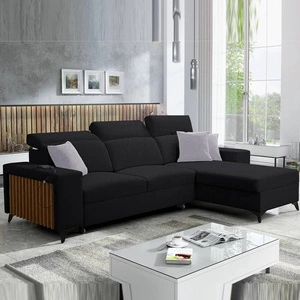 Kelly Ecksofa mit Schlaffunktion schwarz rechtsseitig geflochten Komfort und Funktionalität Eckseite mit Latten abgeschlossen
