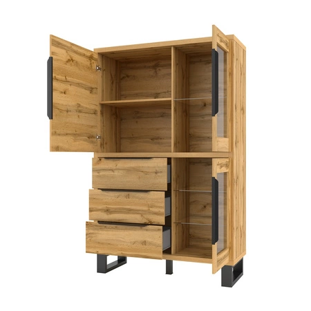 Vitrine Halle 120 cm Eiche wotan minimalistisches Design stilvolle Kante Griff Vitrine mit Schubladen auf einem Metallsockel unterstützt