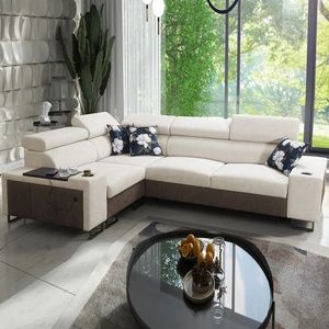 Ecksofa mit Schlaffunktion Flavio II hellbeige/braun links bequemes Ecksofabett offene Bar an der Seite des Möbels