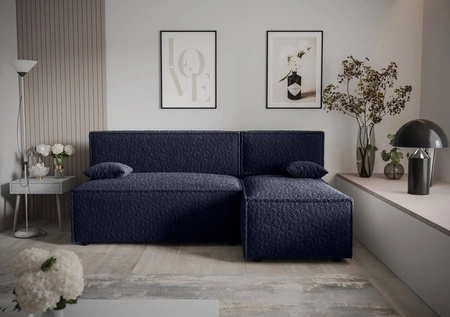 Ecksofa mit Schlaffunktion Brandon navyblau rechte Ecke weicher Stoff mit charakteristischer Schlingenoberfläche Bettzeugbehälter