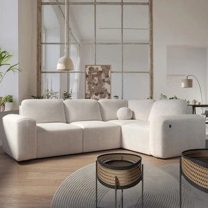 Ecksofa mit Schlaffunktion Arbon II beige rechte Ecke stilvolles Design markante runde Form Behälter für Bettzeug