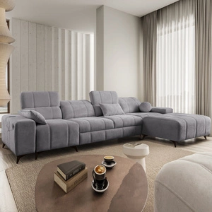 Ecksofa mit Schlaffunktion Penejos XII hellgrau rechte Seite stilvolles Ecksofa mit Bettzeugcontainern komfortable verstellbare Kopfstützen