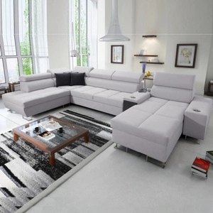 Ecksofa mit Schlaffunktion Dafni V grau Esche rechts geflochten komfortables und bequemes Ecksofa mit verstellbaren Kopfstützen