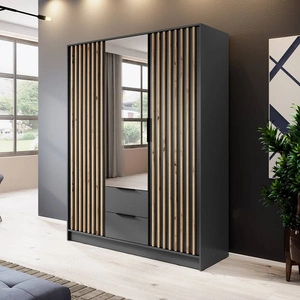 Schrank mit Spiegel Aspen 155 cm Grafit / Eiche Artisan Lamellen modernes Design Schranktüren mit dekorativen Lamellen