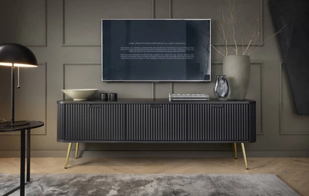 RTV Schrank Zoya 168 cm schwarz modernes Design solide auf goldenen Beinen geriffelte Front charakteristische ovale Form gesetzt