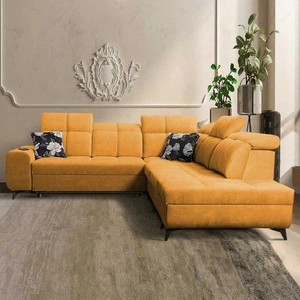 Ecksofa mit Schlaffunktion Buffalo IX gelb rechte Seite stilvolles Ecksofa für Zimmer aus Velourstoff Zierkissen