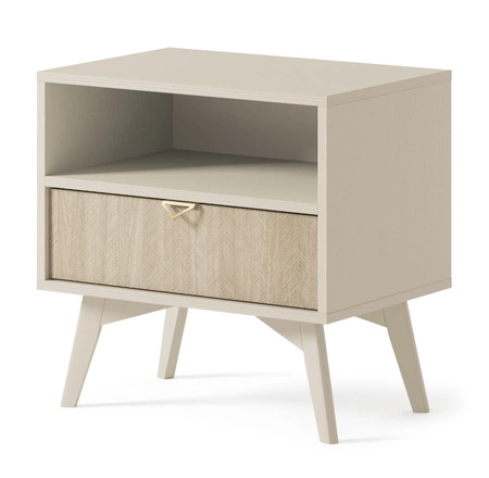 Wald Nachttisch beige / beige Fischgrät mit Schublade idealer Schlafzimmerschrank geschmackvolles Fischgrätdekor auf Schubladenfront 