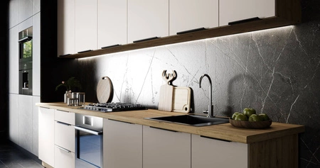 Küchenmöbelset Soela 330 cm elegante Küchenschränke in dezenten und natürlichen Farben Griffe mit Metallkante