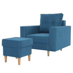 Sessel mit Fußstütze Vaso blau bequemer Sessel für Wohnzimmer im skandinavischen Stil weicher Sitz hohe Holzbeine