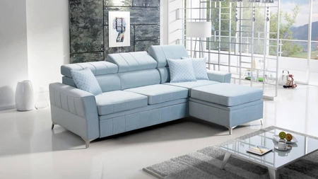 Ecksofa mit Schlaffunktion Rava blau rechts Samt komfortables und funktionelles Ecksofa mit verstellbaren Kopfstützen
