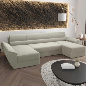 Ecksofa mit Schlaffunktion Fogu U III elfenbeinfarbenes stilvolles Ecksofa mit Armlehnen und Bettzeugablage Cordstoff