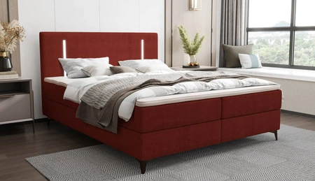 Boxspringbett Norco 140x200 dunkelrot stilvolles Bett mit Staukasten Beleuchtung im Kopfteil fügt eine einzigartige Note