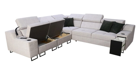 Ecksofa mit Schlaffunktion Alcamo III beige / weiß links Funktions-Ecksofa mit einer Schublade in der Seite zwei Behälter für Bettzeug