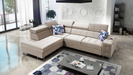 Ecksofa mit Schlaffunktion Hampton VII beige linkes Ecksofa für Zimmer aus Samtstoff mit glatter Oberfläche