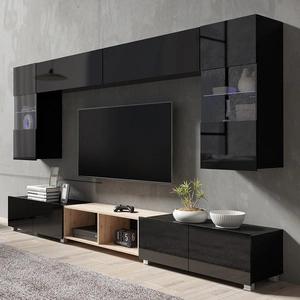 Möbelwand Apulia XXIV schwarz glänzend / Eiche handwerklich extrem stilvolle Möbelwand einfache Elemente, die in jedes Interieur passen