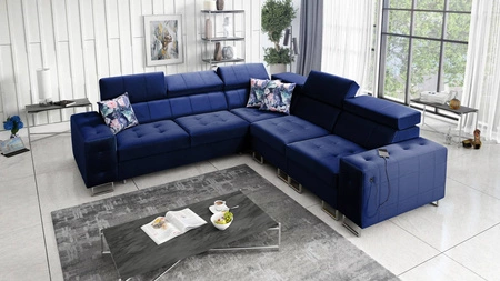 Ecksofa mit Schlaffunktion Hampton III navy blau rechts bequemes Ecksofa aus glattem und weichem Samtstoff