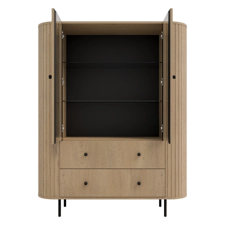 Vitrina Ovalio 123 cm Eiche cremona Designer Vitrine für Wohnzimmer mit ovaler Form und dekorativen Fräsungen geräumige Schubladen