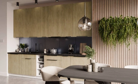 Küchenmöbel Set Cremona 300 cm elegante Küchenschränke mit Metallkantengriffen Schrank mit Ladekorb