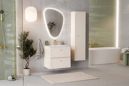 Badezimmer Schrank Donna Sand 35 cm beige elegantes Schrankdesign mit dekorativer Umrandung an der Front goldener Griff