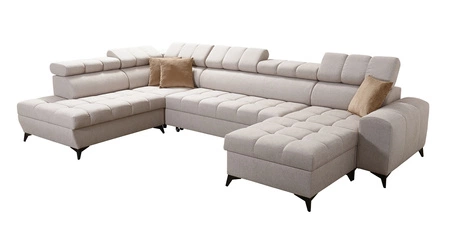 Ecksofa mit Schlaffunktion Bolmso VI beige rechtsseitiges bequemes Ecksofa mit verstellbaren Kopfstützen Ziersteppung auf der Sitzfläche