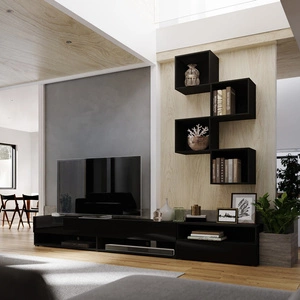 Nemea schwarz / schwarz glänzend universelle und stilvolle Schrankwand für das Wohnzimmer minimalistisches Design in einer modernen Umgebung