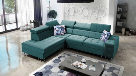 Ecksofa mit Schlaffunktion Hampton VII meeresblau links aus Samtstoff mit glatter Oberfläche