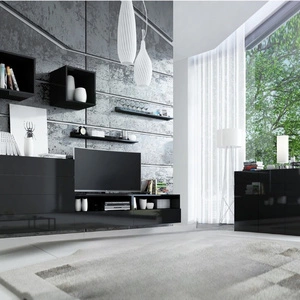 Psaru-Möbelset schwarz/schwarz glänzend moderne Design-Wohnwand für Wohnzimmer oder Lounge mit Hochglanzfronten