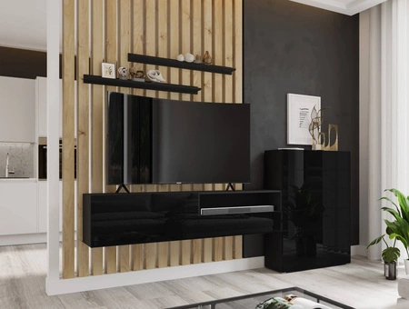 Schrankwand Almiros schwarz / schwarz glänzend modernes Design push to open Schubladensystem Schrankwand für Wohnzimmer mit Kommode