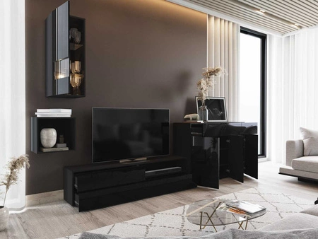 Oberschrank Pylos schwarz / schwarz glänzend modernes Design push to open system für Türen und Schubladen Möbelset mit Kommode