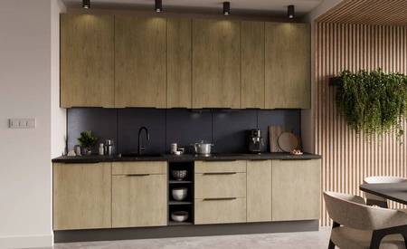 Küchenmöbel Set Corsico 300 cm elegante Küchenschränke mit Metallkantengriffen Schrank mit Ladekorb