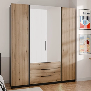 Kleiderschrank mit Spiegel Kastano III 200 cm schwarz / Eiche evoke stilvolle Garderobe Design für Schlafzimmer Metallkante Griffe