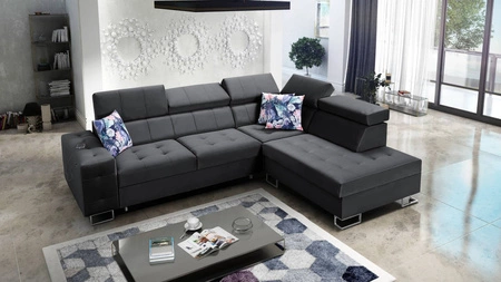 Ecksofa mit Schlaffunktion Hampton VII schwarzes rechtsseitiges für den Raum aus Samtstoff mit glatter Oberfläche