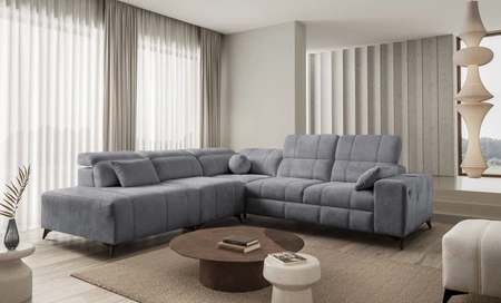 Ecksofa mit Schlaffunktion Penejos IX grau linksseitig stilvolles Ecksofa mit Bettzeugcontainern komfortable verstellbare Kopfstützen