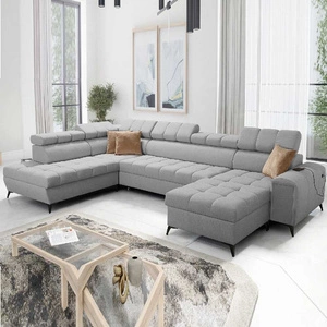 Ecksofa mit Schlaffunktion Bolmso VI grau rechts bequemes Ecksofa mit verstellbaren Kopfstützen dekorative Steppung auf der Sitzfläche