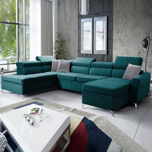 Ecksofa mit Schlaffunktion Rava VI azurblau rechtshändig Praktisches und modernes Ecksofa, ausgestattet mit einer Multifunktionslampe