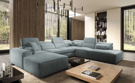 Ecksofa mit Schlaffunktion Viano X grau blau linke Seite Designer Ecksofa für Wohnzimmer im modernen Stil verstellbare Kopfstützen